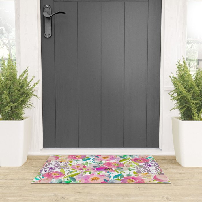 Hand painted pink lavender lilac teal watercolor elegant floral Welcome Mat Gallery Image 3