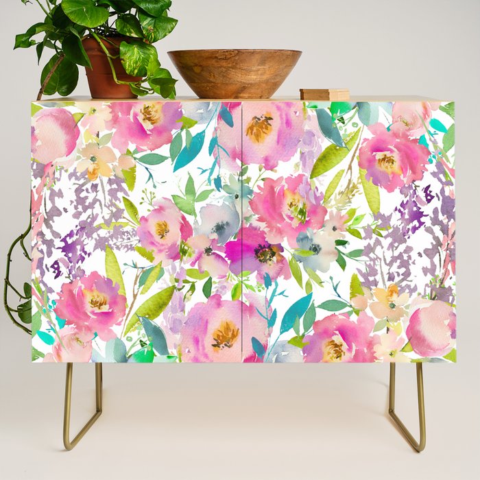 Hand painted pink lavender lilac teal watercolor elegant floral Credenza Gallery Image 1
