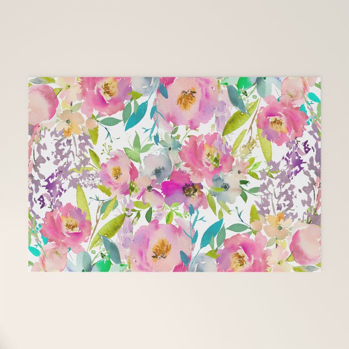 Hand painted pink lavender lilac teal watercolor elegant floral Welcome Mat Gallery Image 1