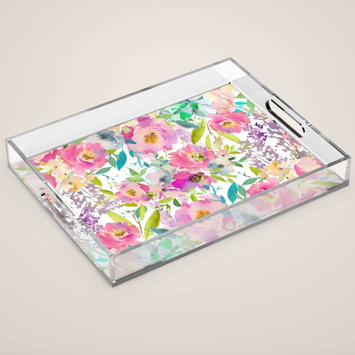Hand painted pink lavender lilac teal watercolor elegant floral Acrylic Tray Gallery Image 1