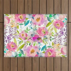 Hand painted pink lavender lilac teal watercolor elegant floral Outdoor Rug Gallery Image 1