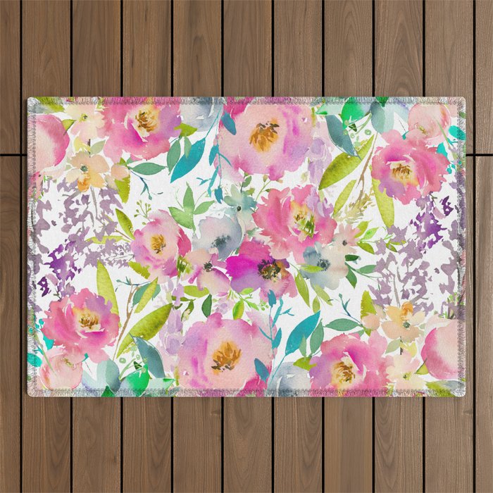 Hand painted pink lavender lilac teal watercolor elegant floral Outdoor Rug Gallery Image 1