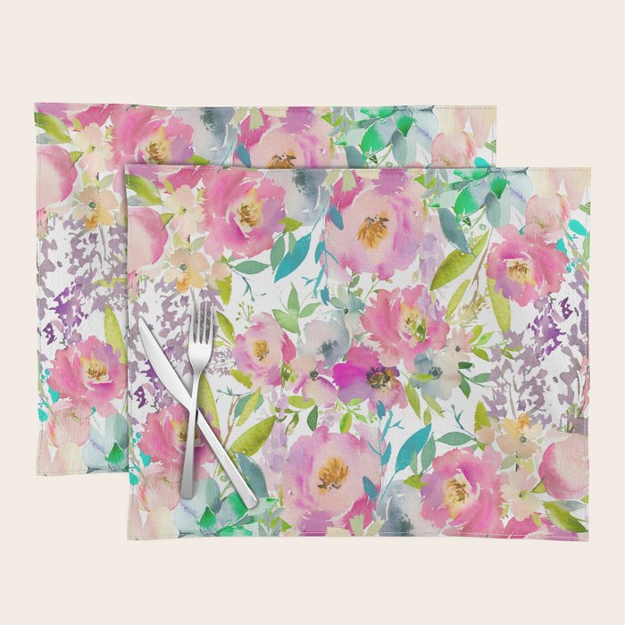 Hand painted pink lavender lilac teal watercolor elegant floral Placemat Gallery Image 1