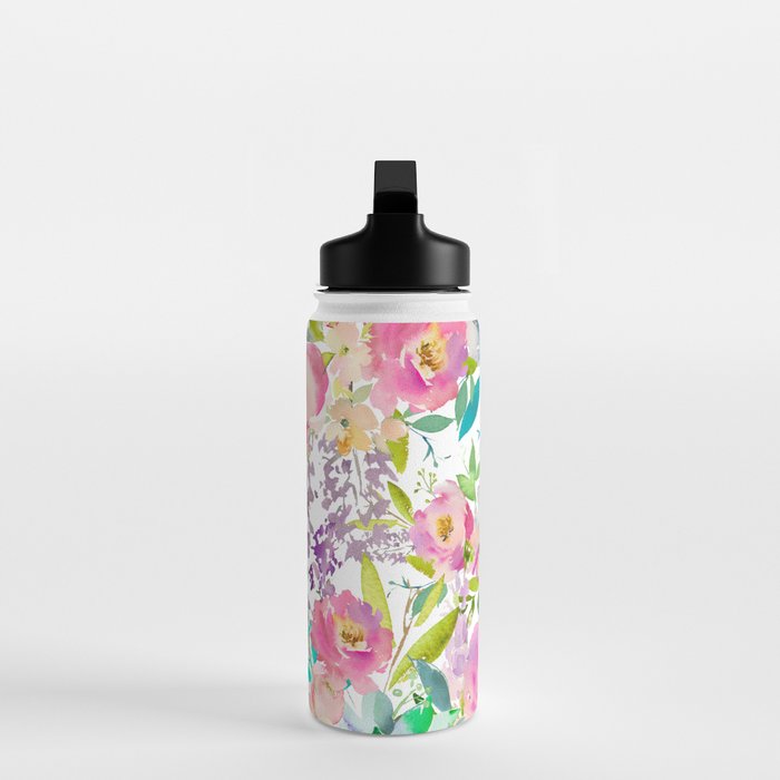 Hand painted pink lavender lilac teal watercolor elegant floral Water Bottle Gallery Image 3