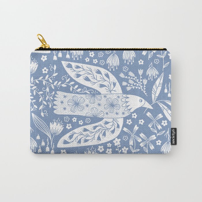 Doves and Flowers Bird Art White on Blue Carry All Pouch Gallery Image 1