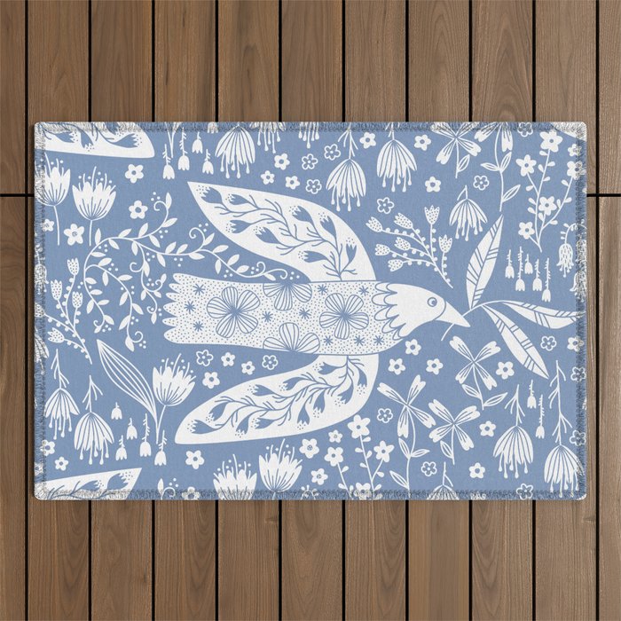 Doves and Flowers Bird Art White on Blue Outdoor Rug Gallery Image 1