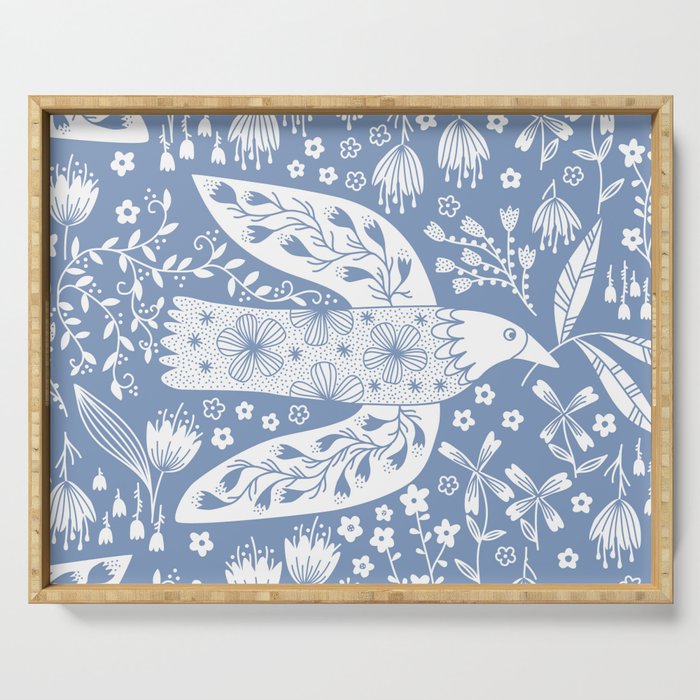 Doves and Flowers Bird Art White on Blue Serving Tray Gallery Image 1