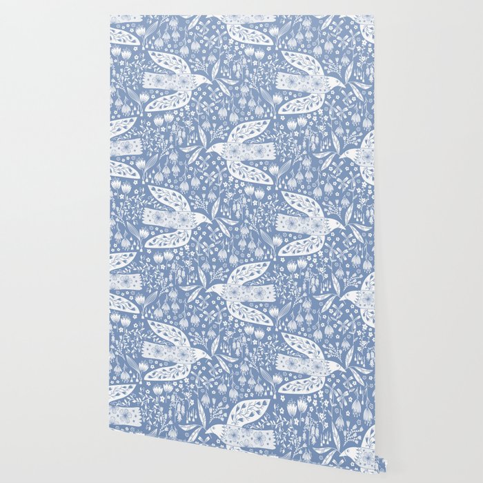 Doves and Flowers Bird Art White on Blue Wallpaper Gallery Image 2