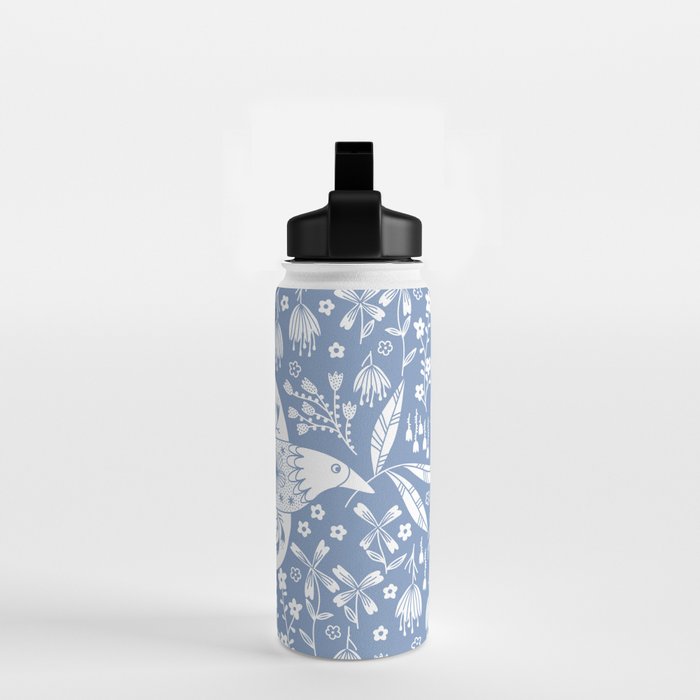 Doves and Flowers Bird Art White on Blue Water Bottle Gallery Image 2
