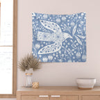 Doves and Flowers Bird Art White on Blue Wall Tapestry Gallery Image 2