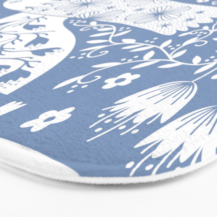 Doves and Flowers Bird Art White on Blue Bath Mat Gallery Image 3