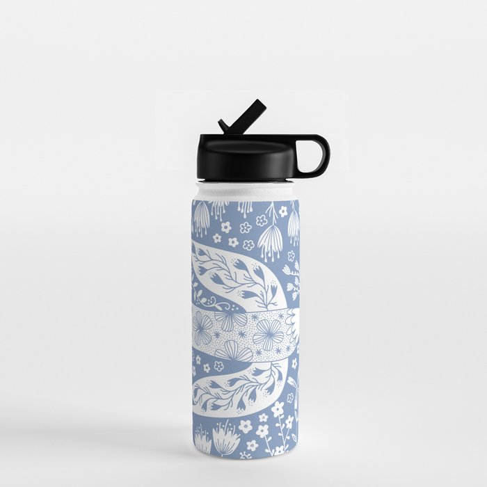Doves and Flowers Bird Art White on Blue Water Bottle Gallery Image 1