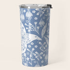 Doves and Flowers Bird Art White on Blue Travel Mug Gallery Image 2