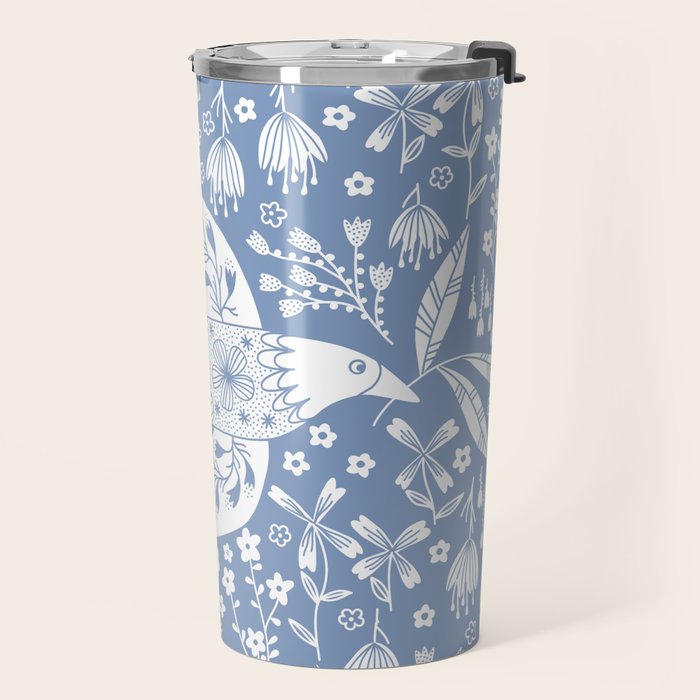 Doves and Flowers Bird Art White on Blue Travel Mug Gallery Image 2