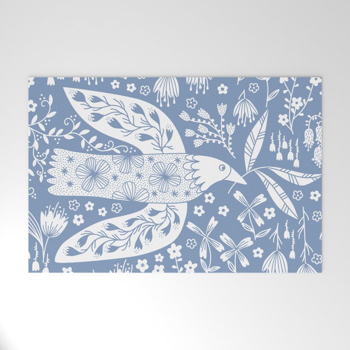 Doves and Flowers Bird Art White on Blue Welcome Mat Gallery Image 1