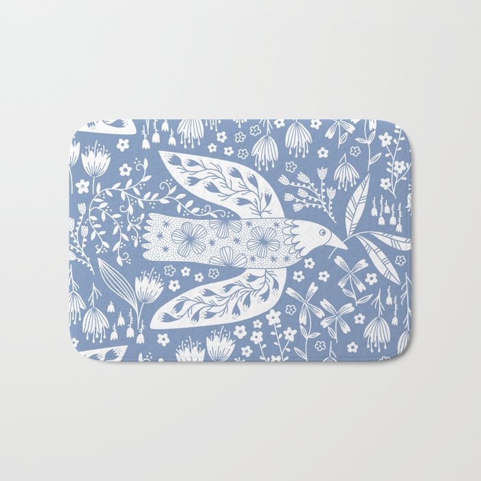 Doves and Flowers Bird Art White on Blue Bath Mat Gallery Image 1
