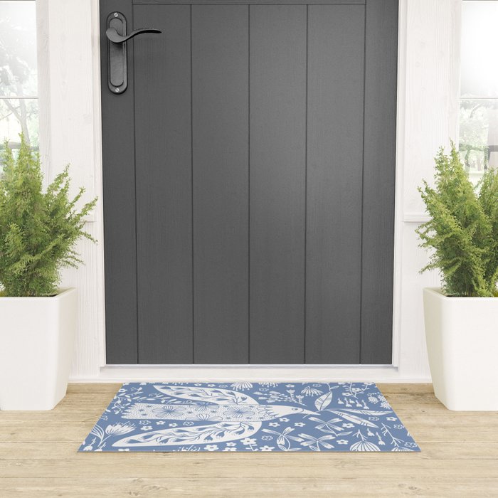 Doves and Flowers Bird Art White on Blue Welcome Mat Gallery Image 3