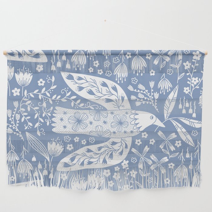 Doves and Flowers Bird Art White on Blue Wall Hanging Gallery Image 1