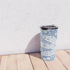 Doves and Flowers Bird Art White on Blue Travel Mug Gallery Image 4