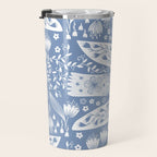Doves and Flowers Bird Art White on Blue Travel Mug Gallery Image 3