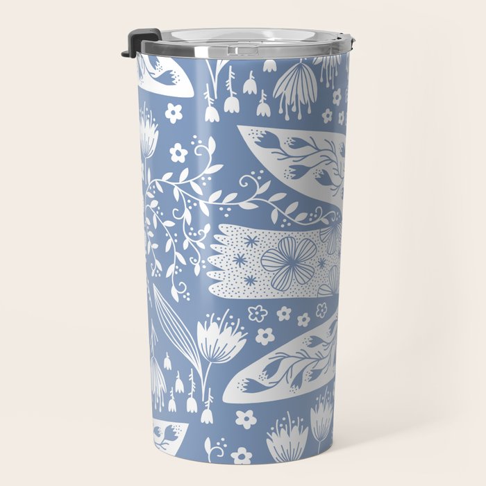Doves and Flowers Bird Art White on Blue Travel Mug Gallery Image 3