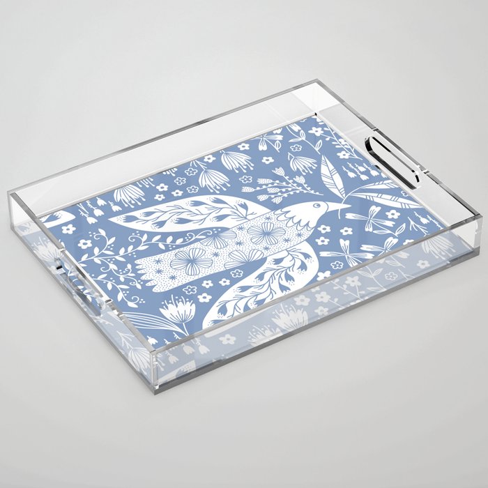 Doves and Flowers Bird Art White on Blue Acrylic Tray Gallery Image 1