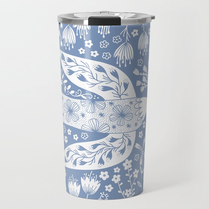 Doves and Flowers Bird Art White on Blue Travel Mug Gallery Image 1