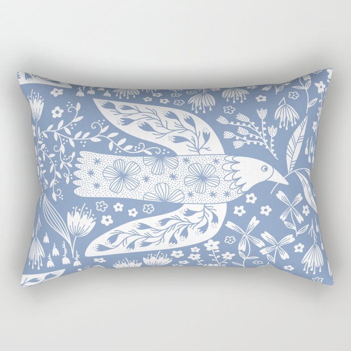 Doves and Flowers Bird Art White on Blue Rectangular Pillow Gallery Image 1