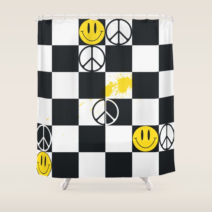 Checkered Smiley Face & Peace Sign Shower Curtain Gallery Image 1