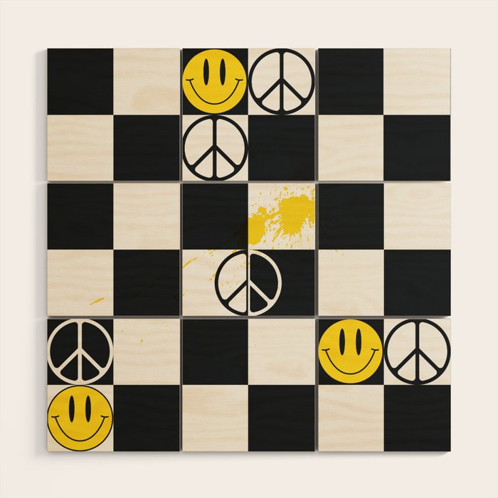 Checkered Smiley Face & Peace Sign Wood Wall Art Gallery Image 1