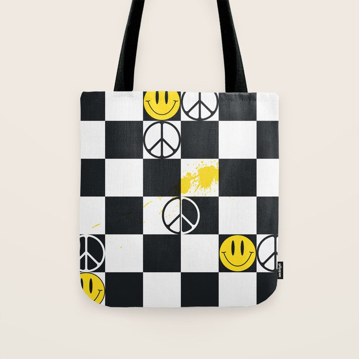 Checkered Smiley Face & Peace Sign Tote Bag Gallery Image 1