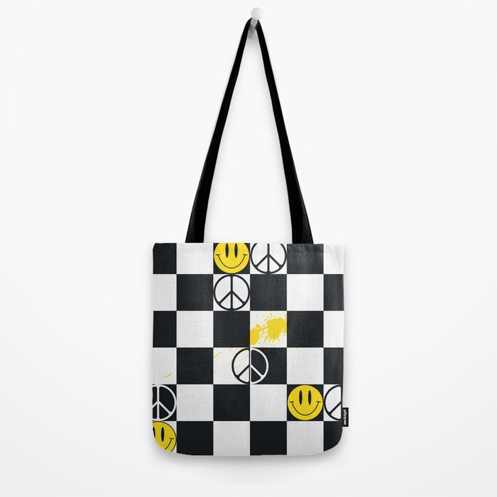 Checkered Smiley Face & Peace Sign Tote Bag Gallery Image 2