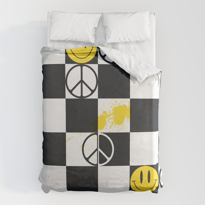 Checkered Smiley Face & Peace Sign Duvet Cover Gallery Image 1