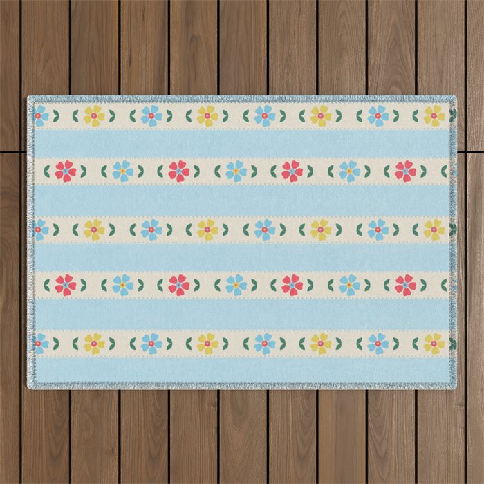 Granny Style Vintage Florals And Light Blue Stripes Outdoor Rug Gallery Image 1