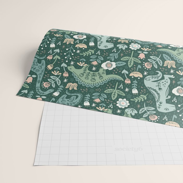 Folk Floral Dinosaur Wrapping Paper Gallery Image 2