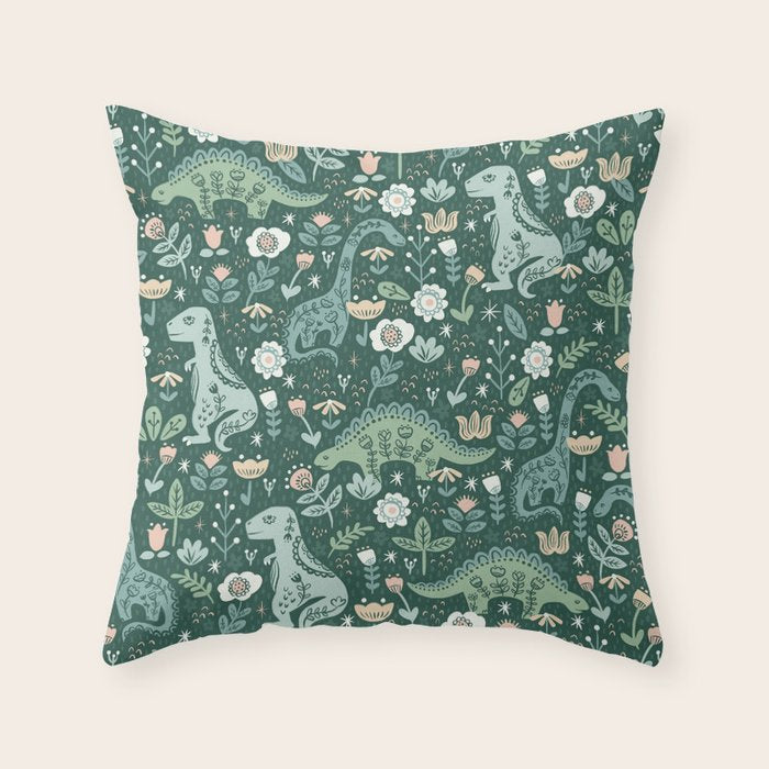 Folk Floral Dinosaur Throw Pillow Gallery Image 6
