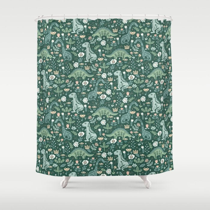 Folk Floral Dinosaur Shower Curtain Gallery Image 1