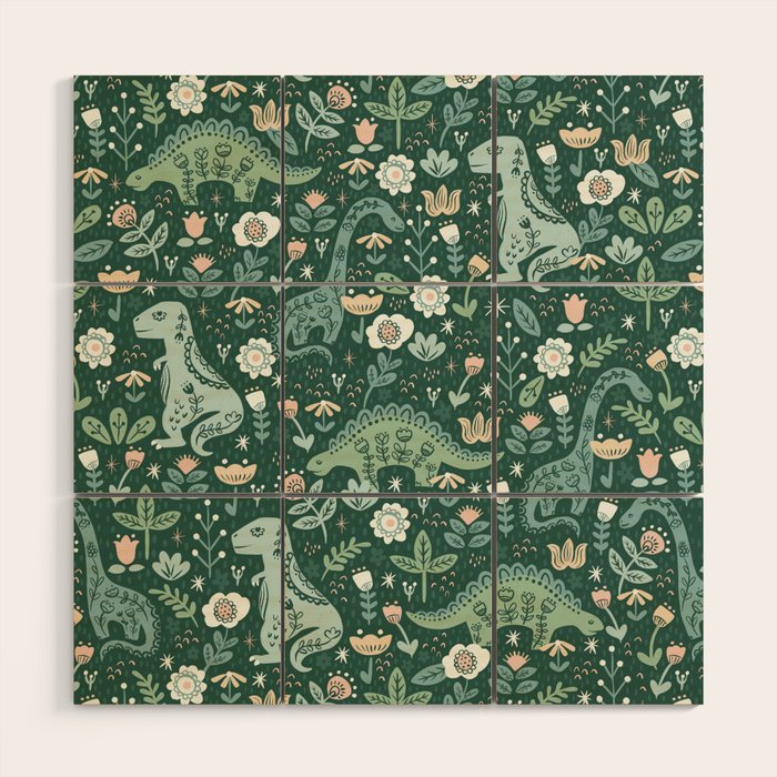 Folk Floral Dinosaur Wood Wall Art Gallery Image 1