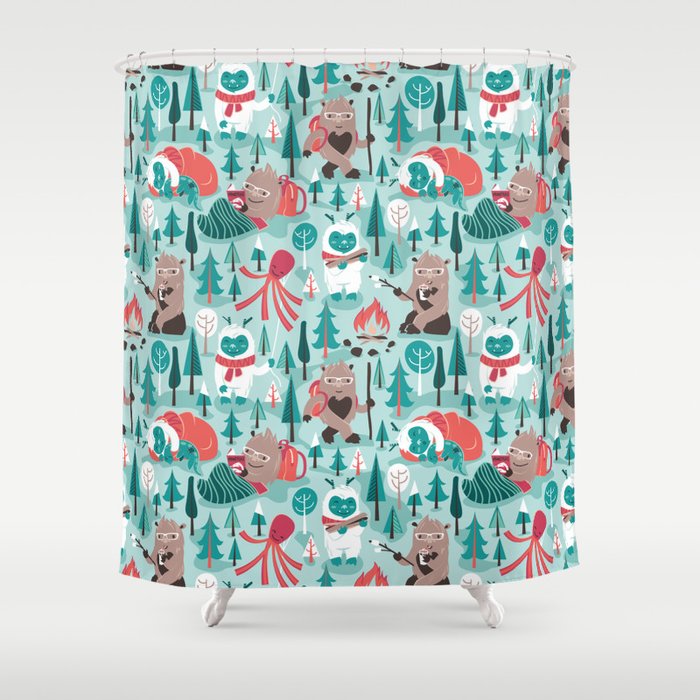 Besties // aqua background white Yeti brown Bigfoot teal and mint trees red and coral details Shower Curtain Gallery Image 1