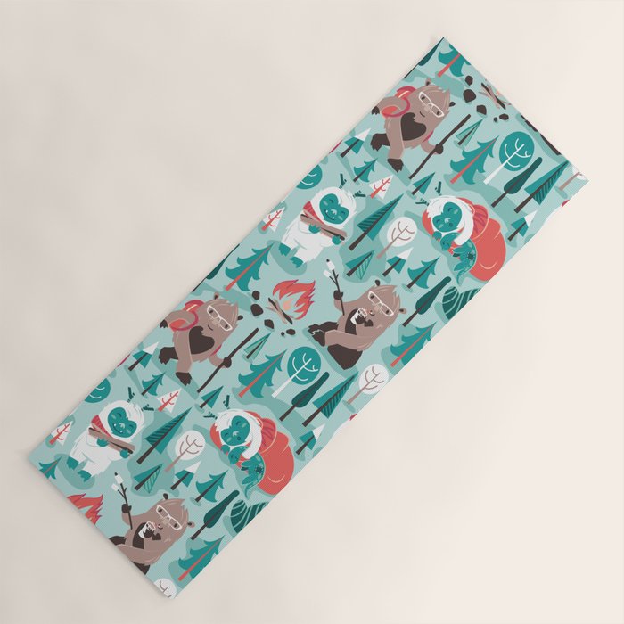 Besties // aqua background white Yeti brown Bigfoot teal and mint trees red and coral details Yoga Mat Gallery Image 1