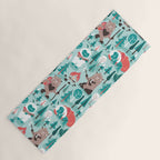 Besties // aqua background white Yeti brown Bigfoot teal and mint trees red and coral details Yoga Mat Gallery Image 1