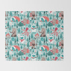 Besties // aqua background white Yeti brown Bigfoot teal and mint trees red and coral details Throw Blanket Gallery Image 2