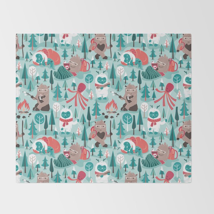 Besties // aqua background white Yeti brown Bigfoot teal and mint trees red and coral details Throw Blanket Gallery Image 2