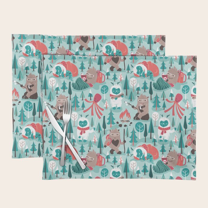 Besties // aqua background white Yeti brown Bigfoot teal and mint trees red and coral details Placemat Gallery Image 1
