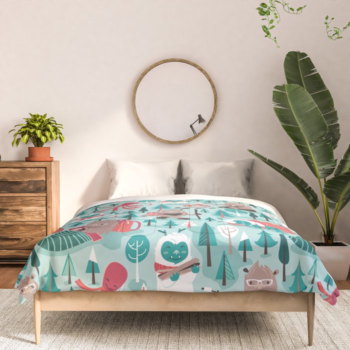 Besties // aqua background white Yeti brown Bigfoot teal and mint trees red and coral details Comforter Gallery Image 3