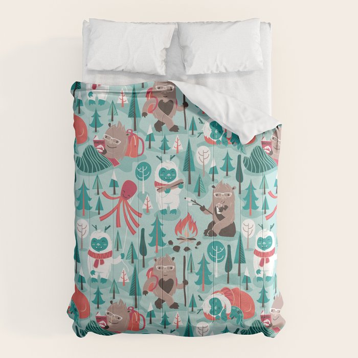 Besties // aqua background white Yeti brown Bigfoot teal and mint trees red and coral details Comforter Gallery Image 1