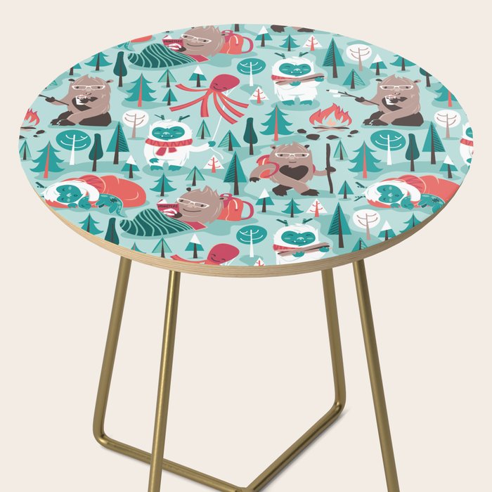 Besties // aqua background white Yeti brown Bigfoot teal and mint trees red and coral details Side Table Gallery Image 2