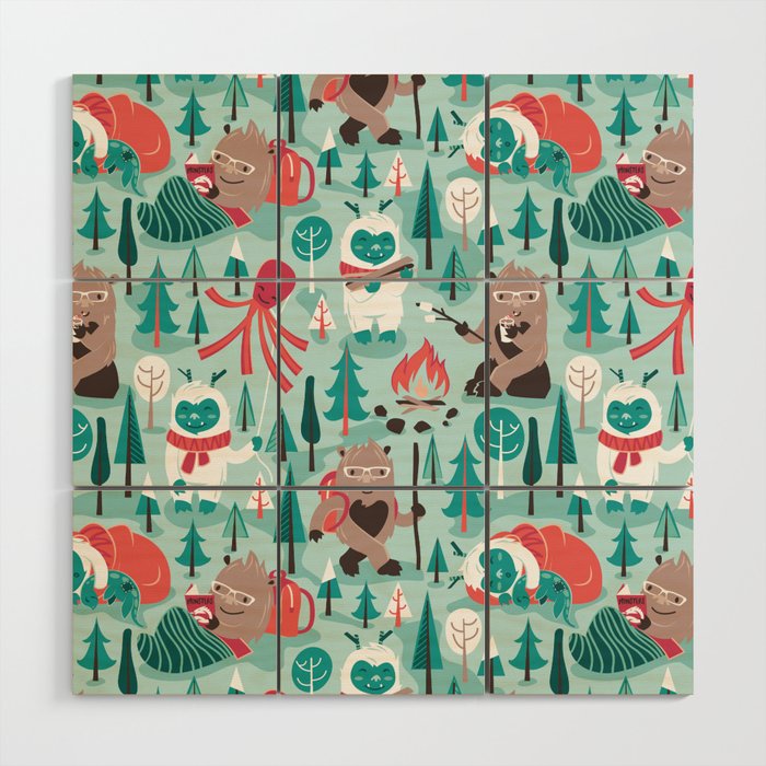 Besties // aqua background white Yeti brown Bigfoot teal and mint trees red and coral details Wood Wall Art Gallery Image 1
