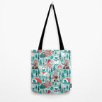 Besties // aqua background white Yeti brown Bigfoot teal and mint trees red and coral details Tote Bag Gallery Image 2