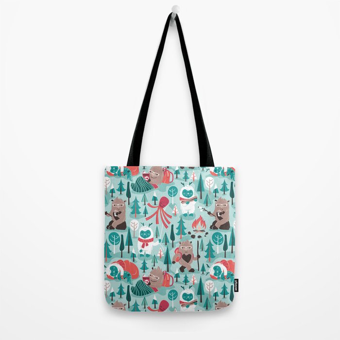 Besties // aqua background white Yeti brown Bigfoot teal and mint trees red and coral details Tote Bag Gallery Image 2